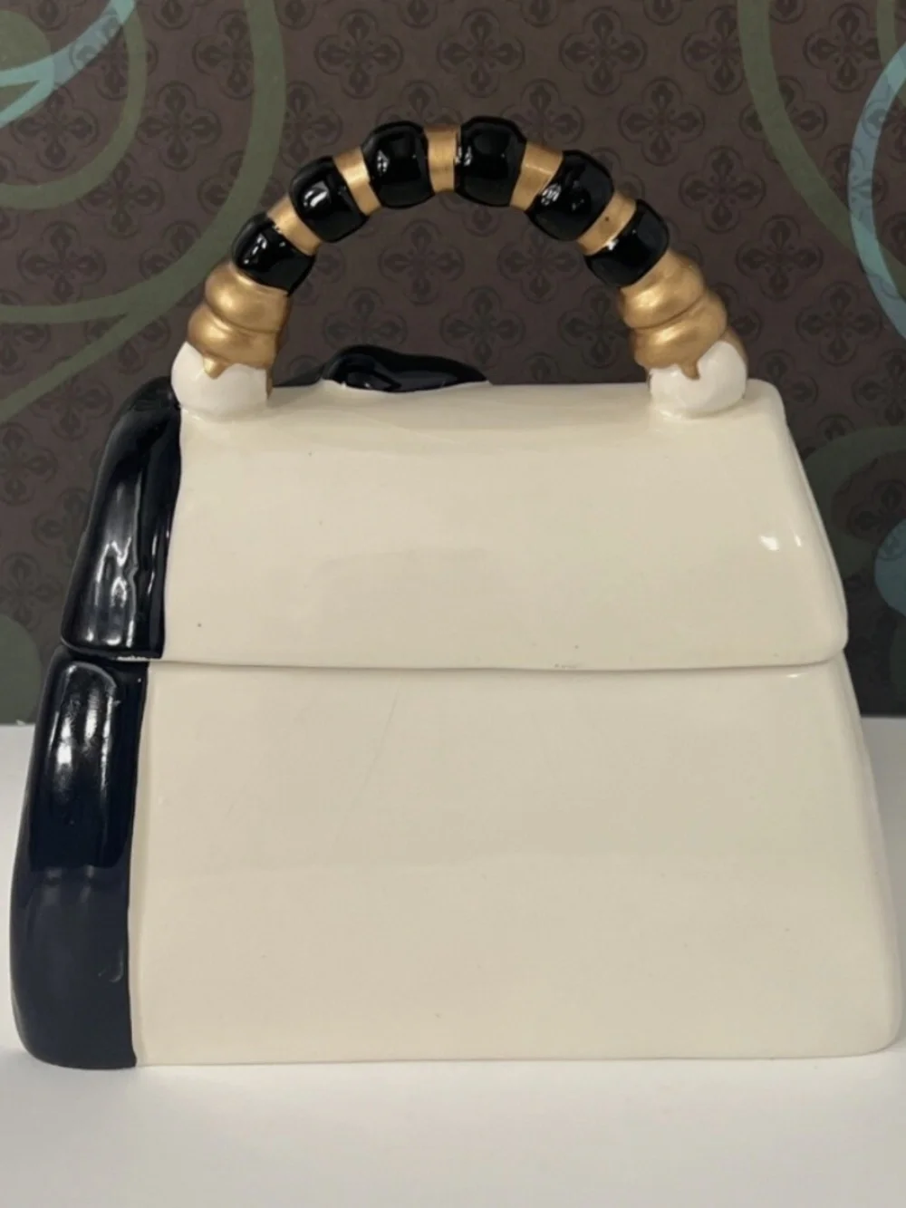 David's Cookies White Black & Gold Ribbon Purse Ceramic Cookie Jar Handbag